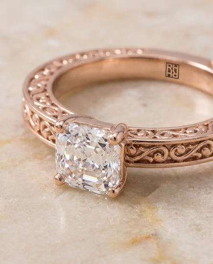 The Veronica Hand Engraved Scroll Vintage Solitaire Asscher Cut Engagement Ring Setting in 14K Rose Gold
