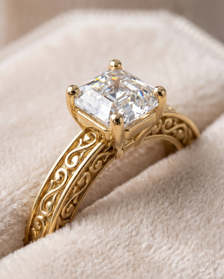 The Veronica Hand Engraved Scroll Vintage Solitaire Asscher Cut Engagement Ring Setting in 18K Yellow Gold