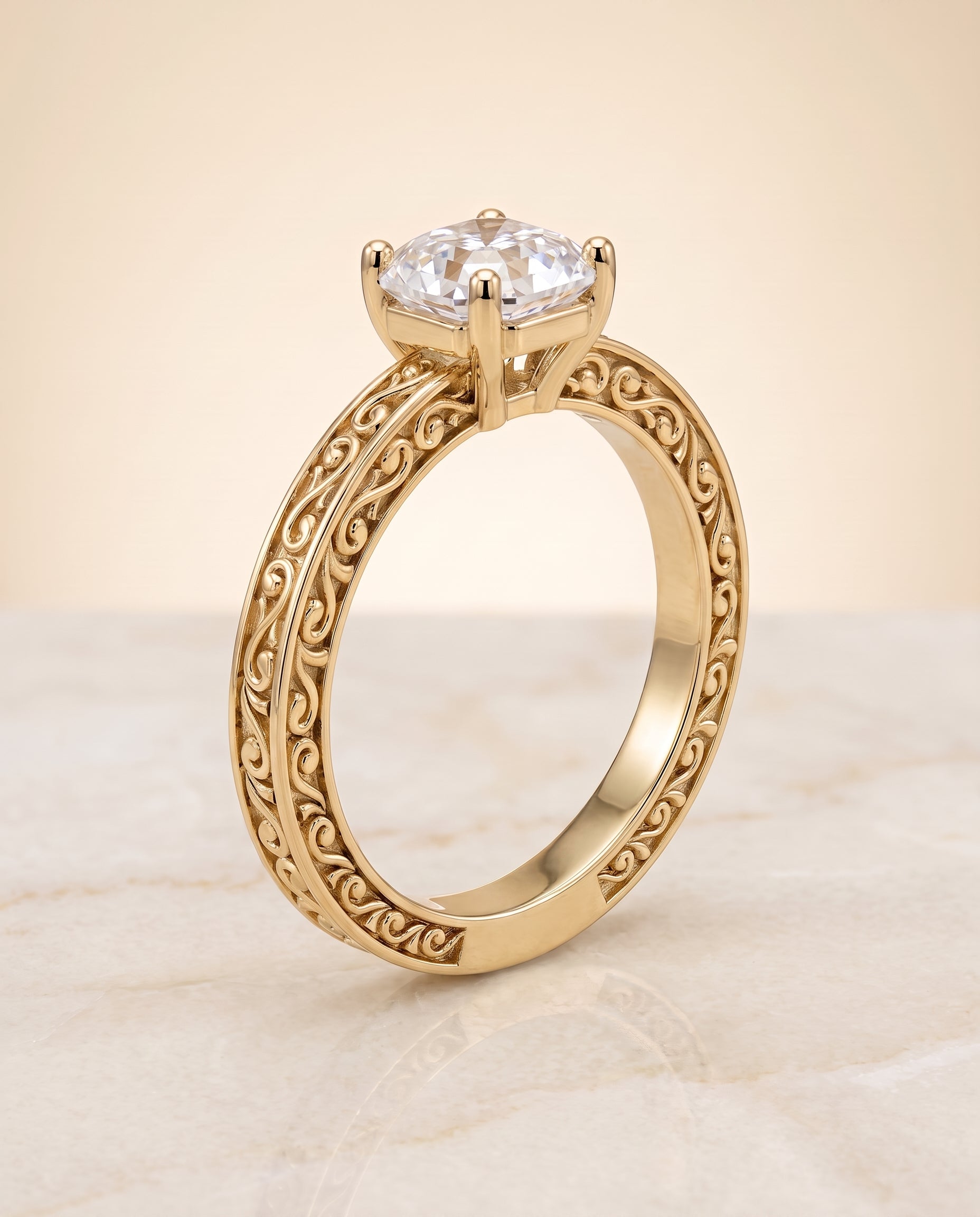 The Veronica Hand Engraved Scroll Vintage Solitaire Asscher Cut Engagement Ring Setting in 18K Yellow Gold