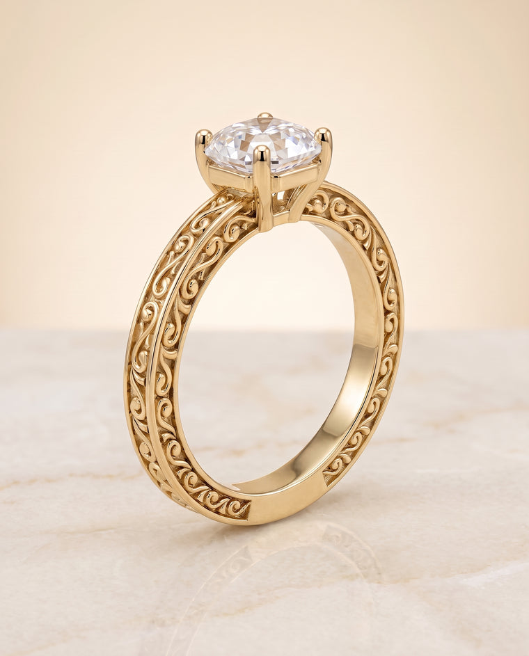 The Veronica Hand Engraved Scroll Vintage Solitaire Asscher Cut Engagement Ring Setting in 18K Yellow Gold