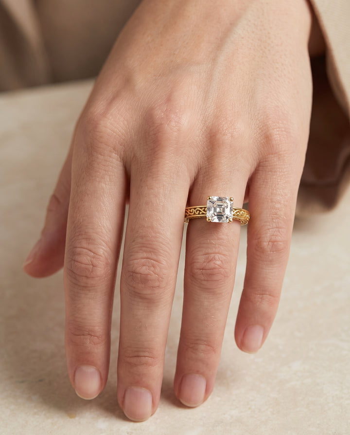 The Veronica Hand Engraved Scroll Vintage Solitaire Asscher Cut Engagement Ring Setting in 18K Yellow Gold