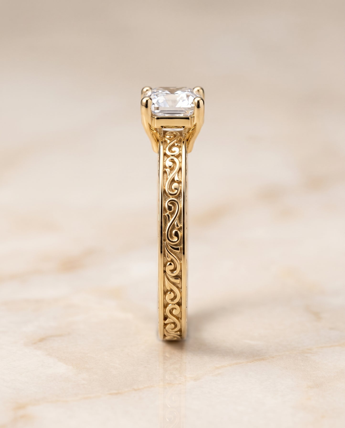 The Veronica Hand Engraved Scroll Vintage Solitaire Asscher Cut Engagement Ring Setting in 18K Yellow Gold