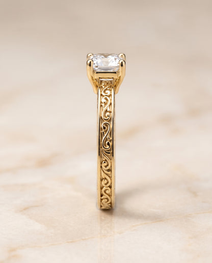 The Veronica Hand Engraved Scroll Vintage Solitaire Asscher Cut Engagement Ring Setting in 18K Yellow Gold