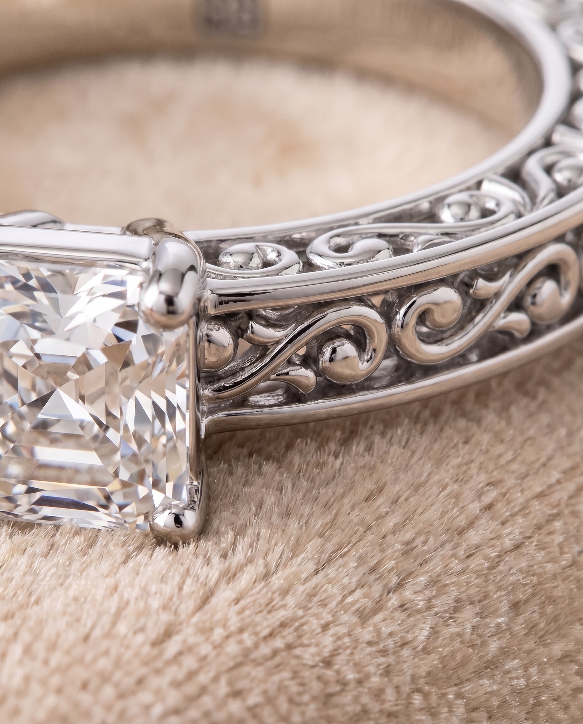 The Veronica Hand Engraved Scroll Vintage Solitaire Asscher Cut Engagement Ring Setting in Platinum