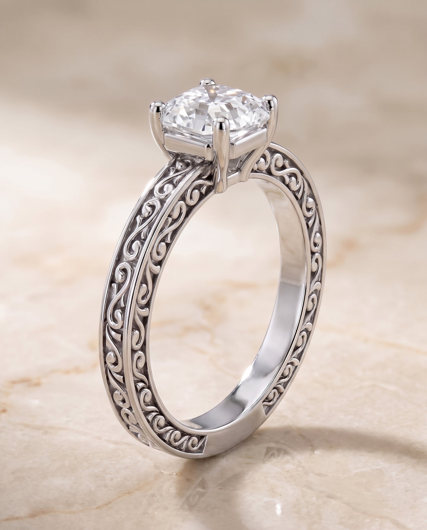 The Veronica Hand Engraved Scroll Vintage Solitaire Asscher Cut Engagement Ring Setting in Platinum