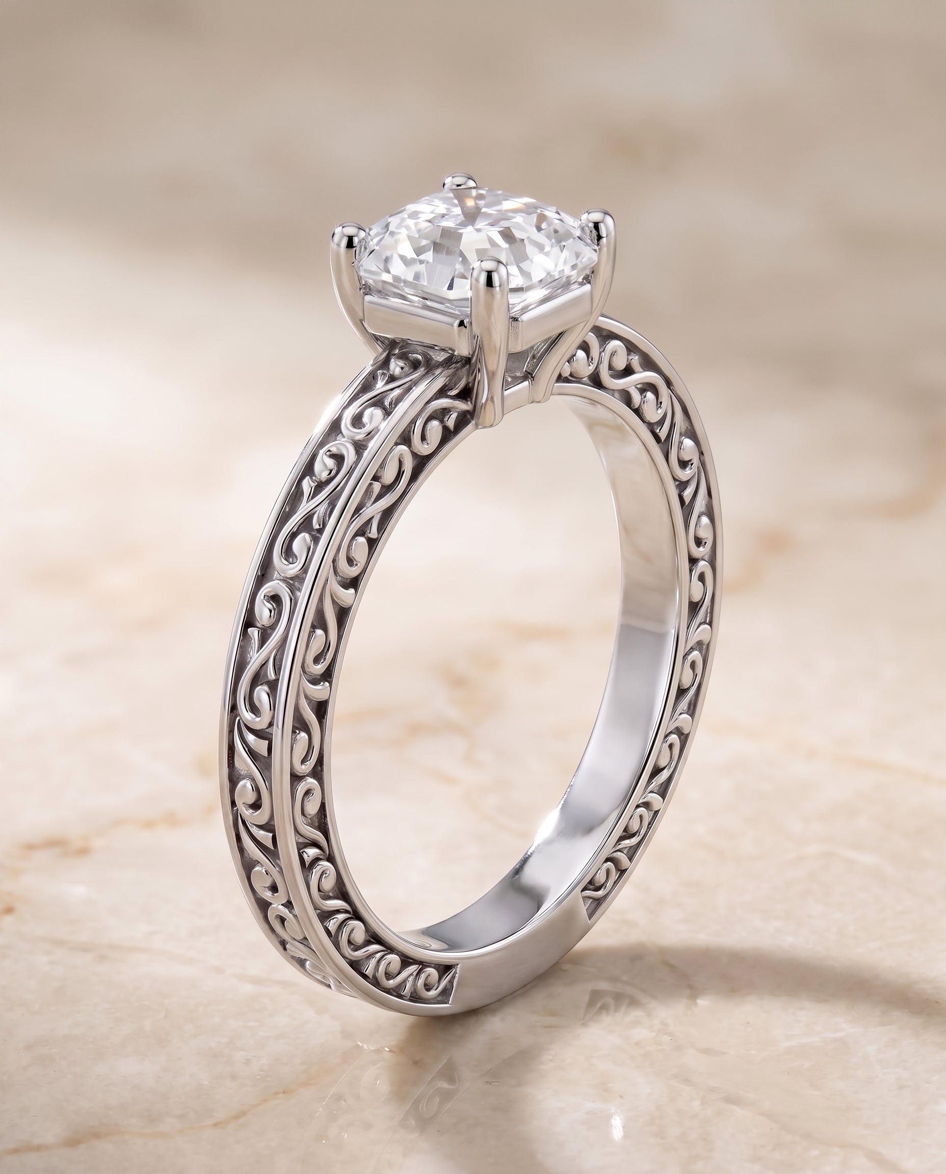 The Veronica Hand Engraved Scroll Vintage Solitaire Asscher Cut Engagement Ring Setting in Platinum