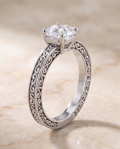 The Veronica Hand Engraved Scroll Vintage Solitaire Asscher Cut Engagement Ring Setting in Platinum