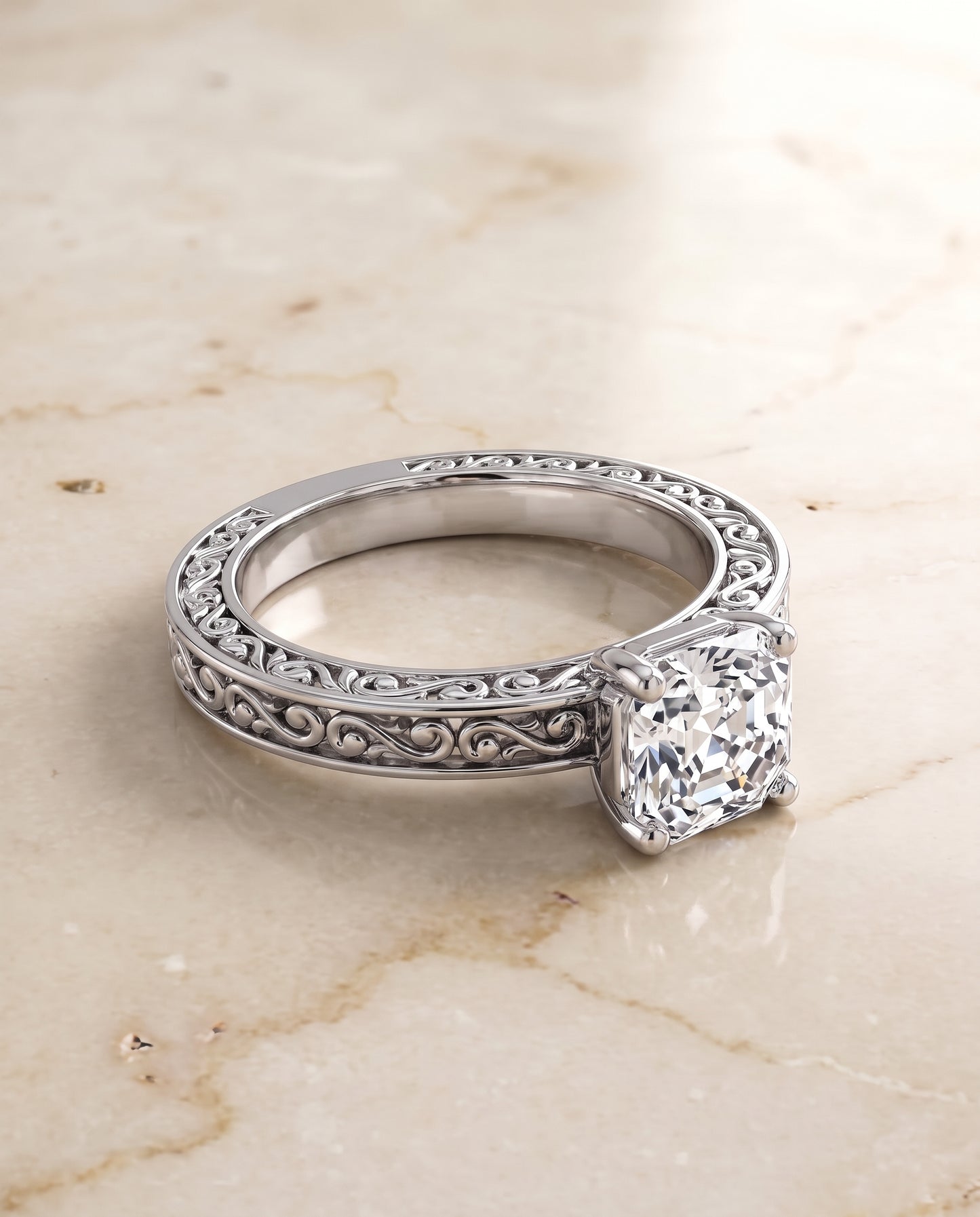 The Veronica Hand Engraved Scroll Vintage Solitaire Asscher Cut Engagement Ring Setting in Platinum