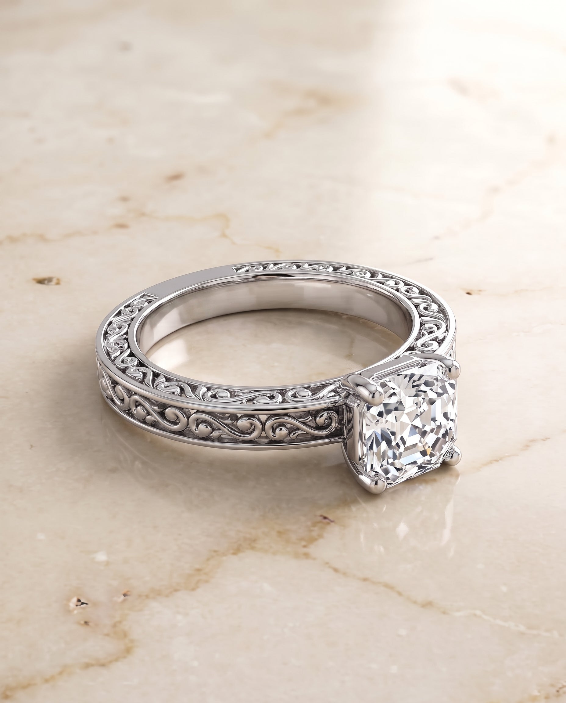 The Veronica Hand Engraved Scroll Vintage Solitaire Asscher Cut Engagement Ring Setting in Platinum