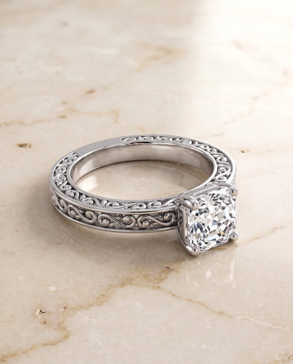 The Veronica Hand Engraved Scroll Vintage Solitaire Asscher Cut Engagement Ring Setting in Platinum