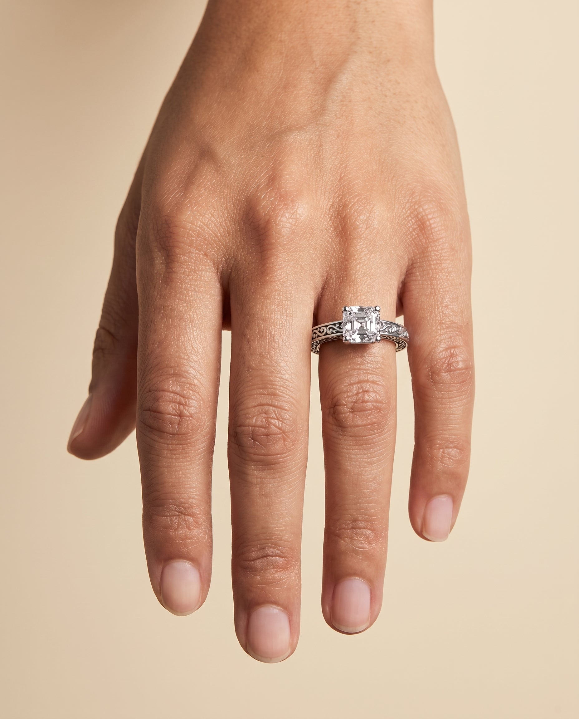 The Veronica Hand Engraved Scroll Vintage Solitaire Asscher Cut Engagement Ring Setting in Platinum