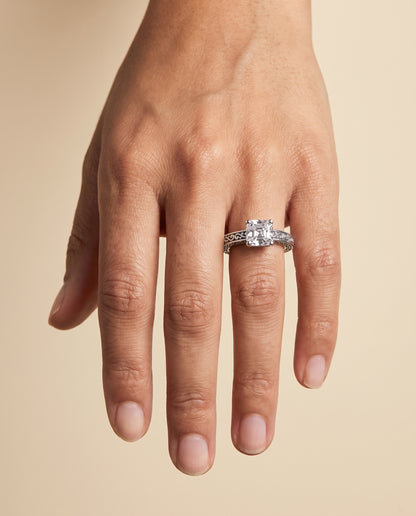 The Veronica Hand Engraved Scroll Vintage Solitaire Asscher Cut Engagement Ring Setting in Platinum