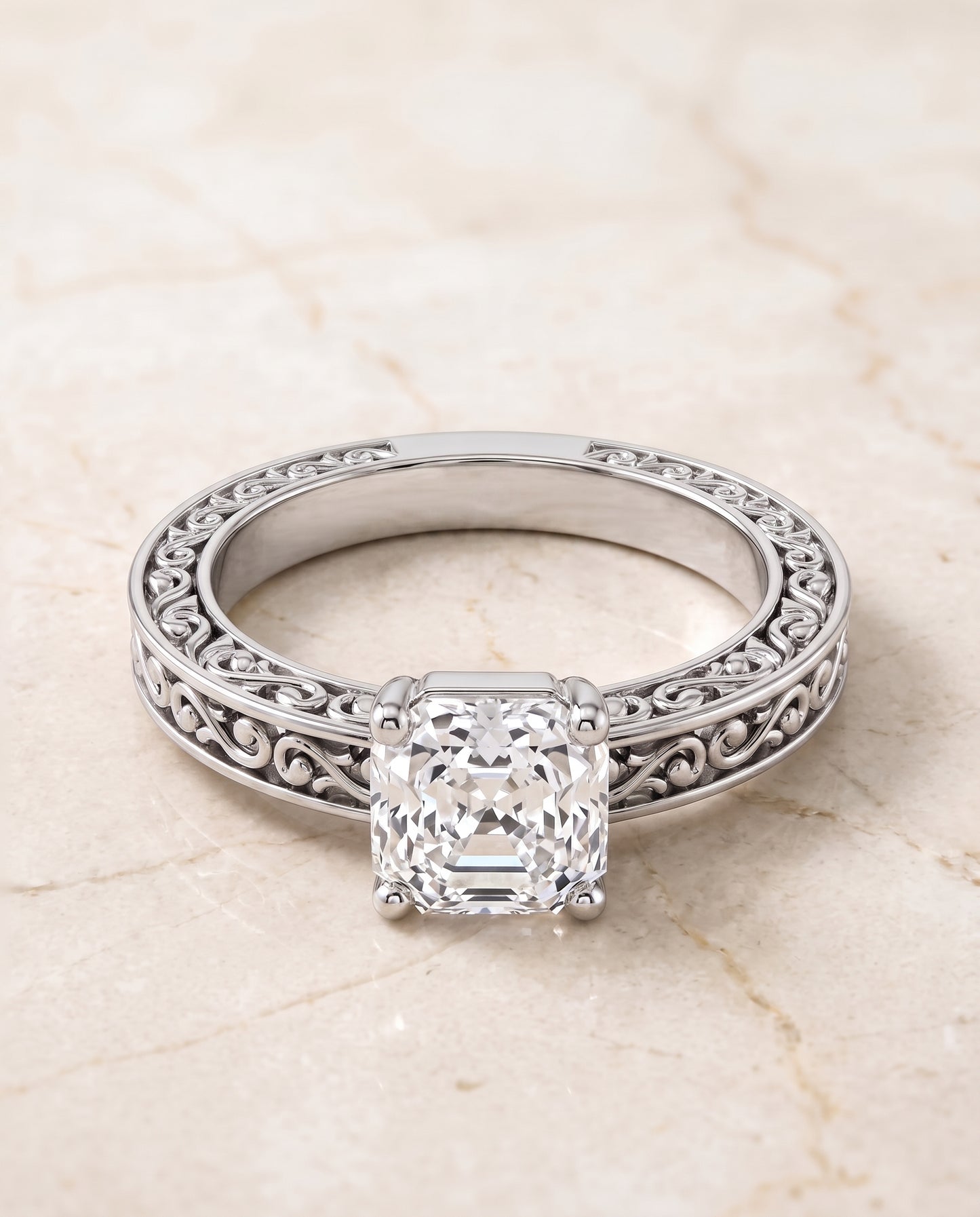 The Veronica Hand Engraved Scroll Vintage Solitaire Asscher Cut Engagement Ring Setting in Platinum