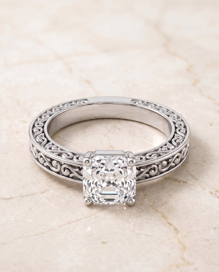 The Veronica Hand Engraved Scroll Vintage Solitaire Asscher Cut Engagement Ring Setting in Platinum