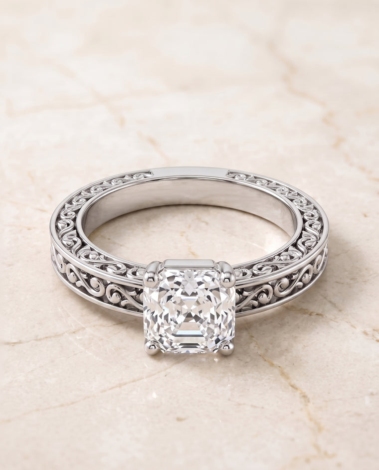 The Veronica Hand Engraved Scroll Vintage Solitaire Asscher Cut Engagement Ring Setting in 18K White Gold