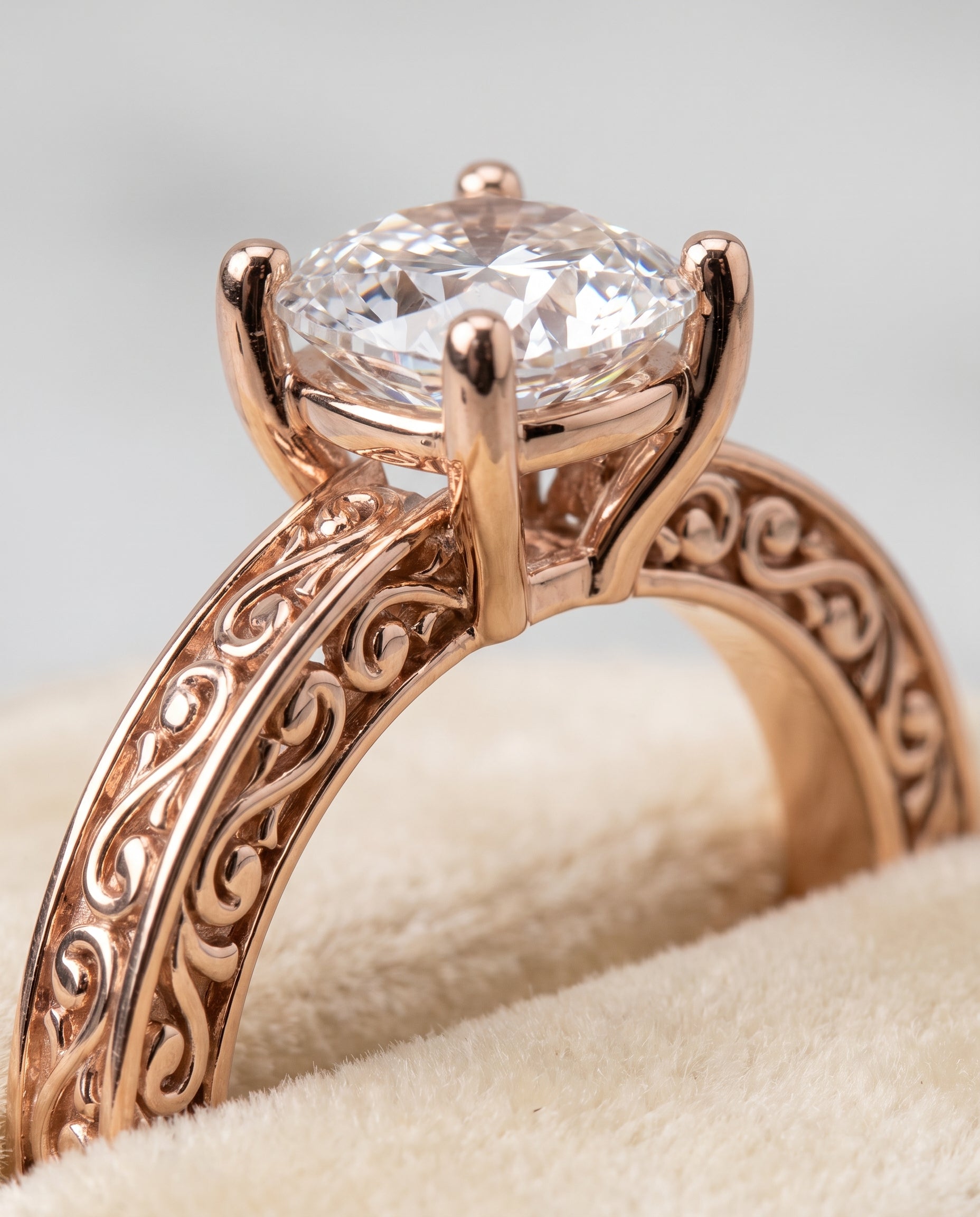 14K Rose Gold band of The Veronica cushion engagement ring setting | RockHer