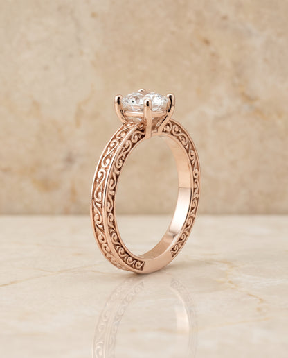 The Veronica Hand Engraved Scroll Vintage Solitaire Cushion Cut Engagement Ring Setting in 14K Rose Gold
