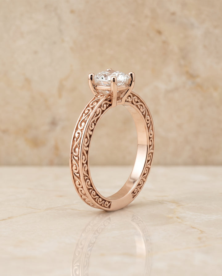 The Veronica Hand Engraved Scroll Vintage Solitaire Cushion Cut Engagement Ring Setting in 14K Rose Gold