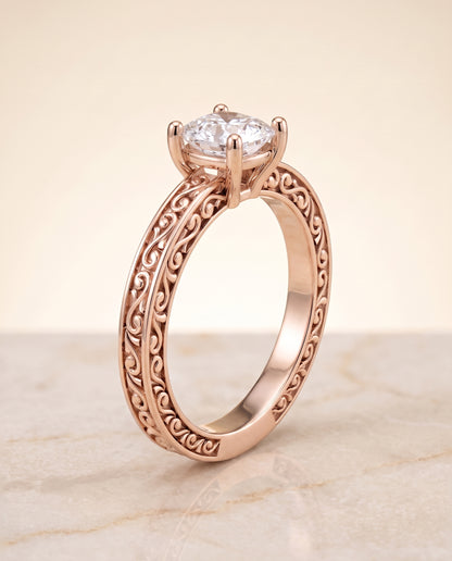 The Veronica Hand Engraved Scroll Vintage Solitaire Cushion Cut Engagement Ring Setting in 14K Rose Gold