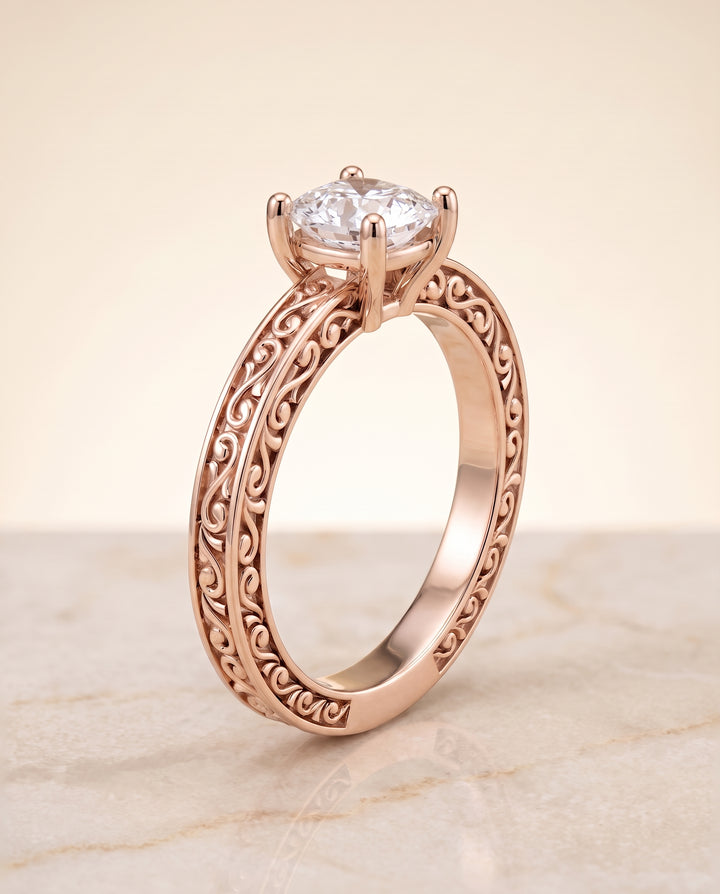 The Veronica Hand Engraved Scroll Vintage Solitaire Cushion Cut Engagement Ring Setting in 14K Rose Gold