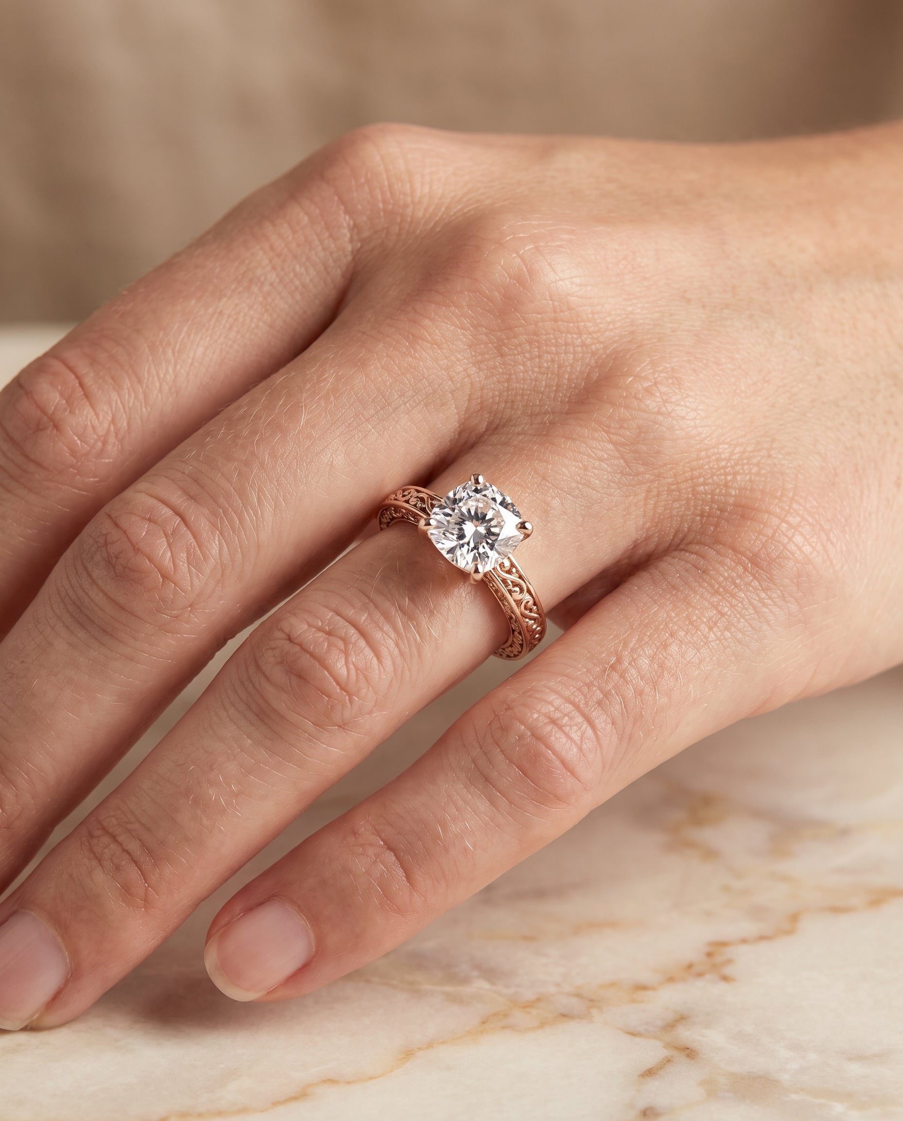 The Veronica engagement ring setting in 14K Rose Gold, hand engraved scroll vintage solitaire cut design | RockHer