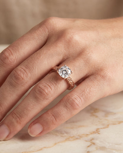 The Veronica Hand Engraved Scroll Vintage Solitaire Cushion Cut Engagement Ring Setting in 14K Rose Gold