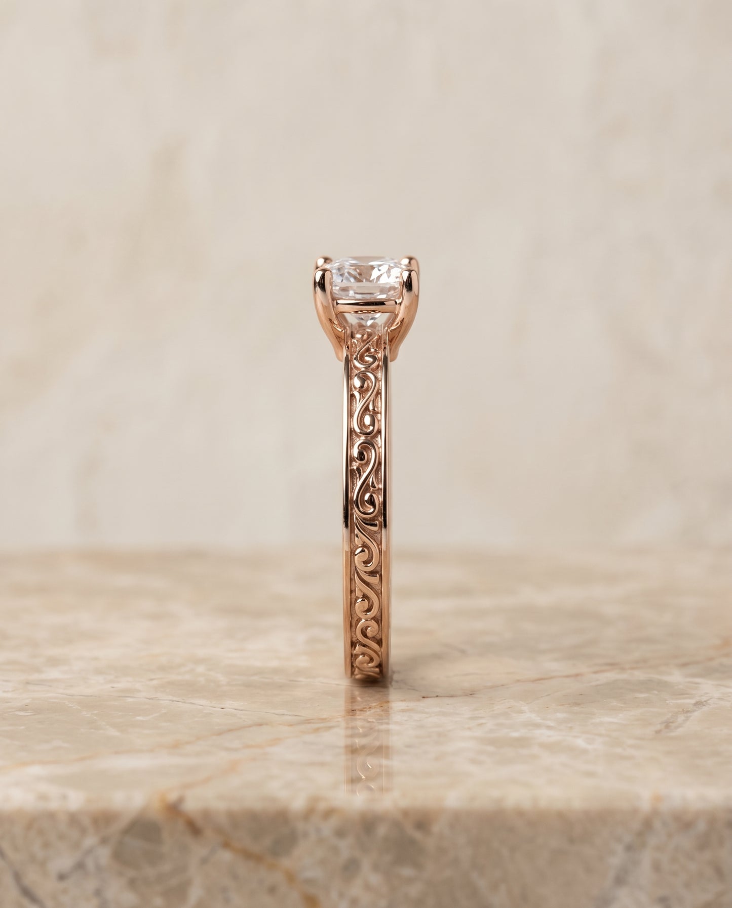 The Veronica Hand Engraved Scroll Vintage Solitaire Cushion Cut Engagement Ring Setting in 14K Rose Gold