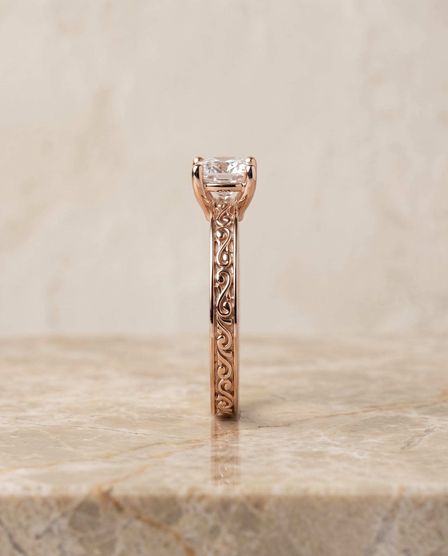 Hand Engraved Scroll Vintage Solitaire Cut styling on The Veronica cushion engagement ring setting | RockHer