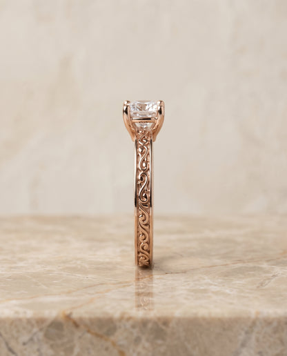 The Veronica Hand Engraved Scroll Vintage Solitaire Cushion Cut Engagement Ring Setting in 14K Rose Gold