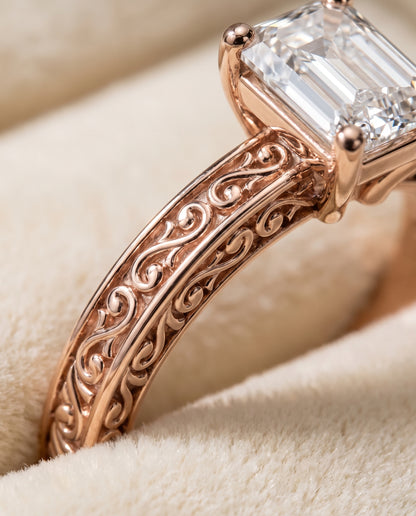 The Veronica Hand Engraved Scroll Vintage Solitaire Emerald Cut Engagement Ring Setting in 14K Rose Gold