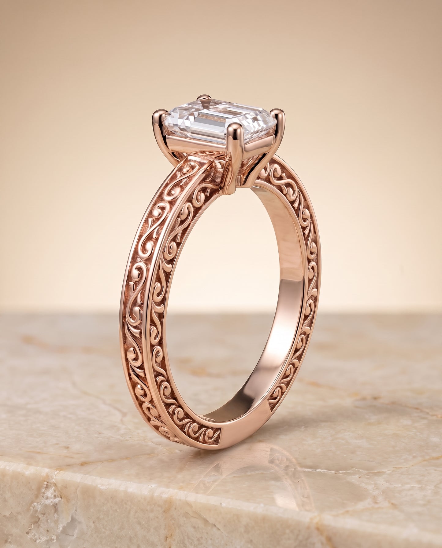 The Veronica Hand Engraved Scroll Vintage Solitaire Emerald Cut Engagement Ring Setting in 14K Rose Gold