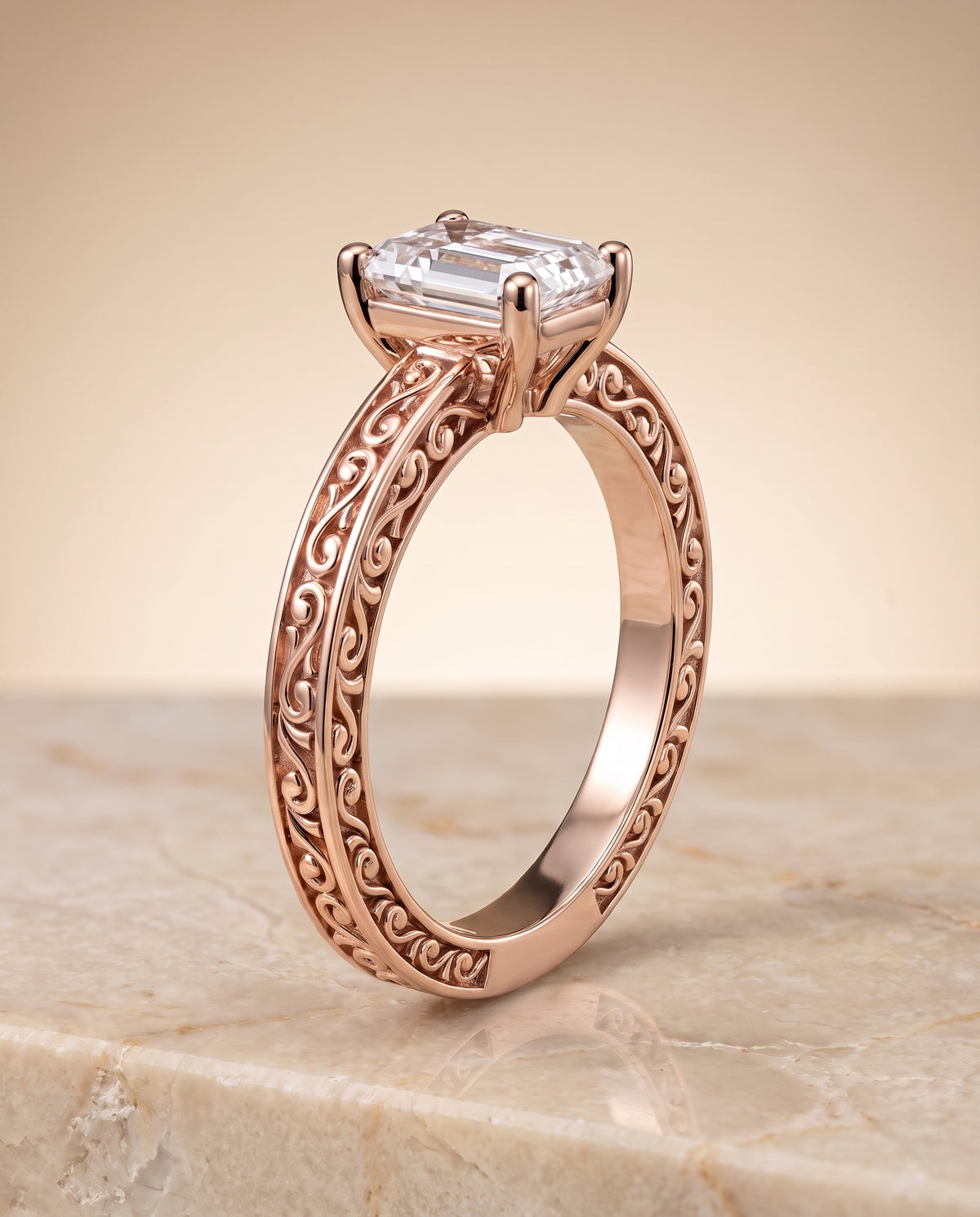 The Veronica Hand Engraved Scroll Vintage Solitaire Emerald Cut Engagement Ring Setting in 14K Rose Gold