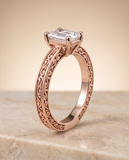 The Veronica Hand Engraved Scroll Vintage Solitaire Emerald Cut Engagement Ring Setting in 14K Rose Gold