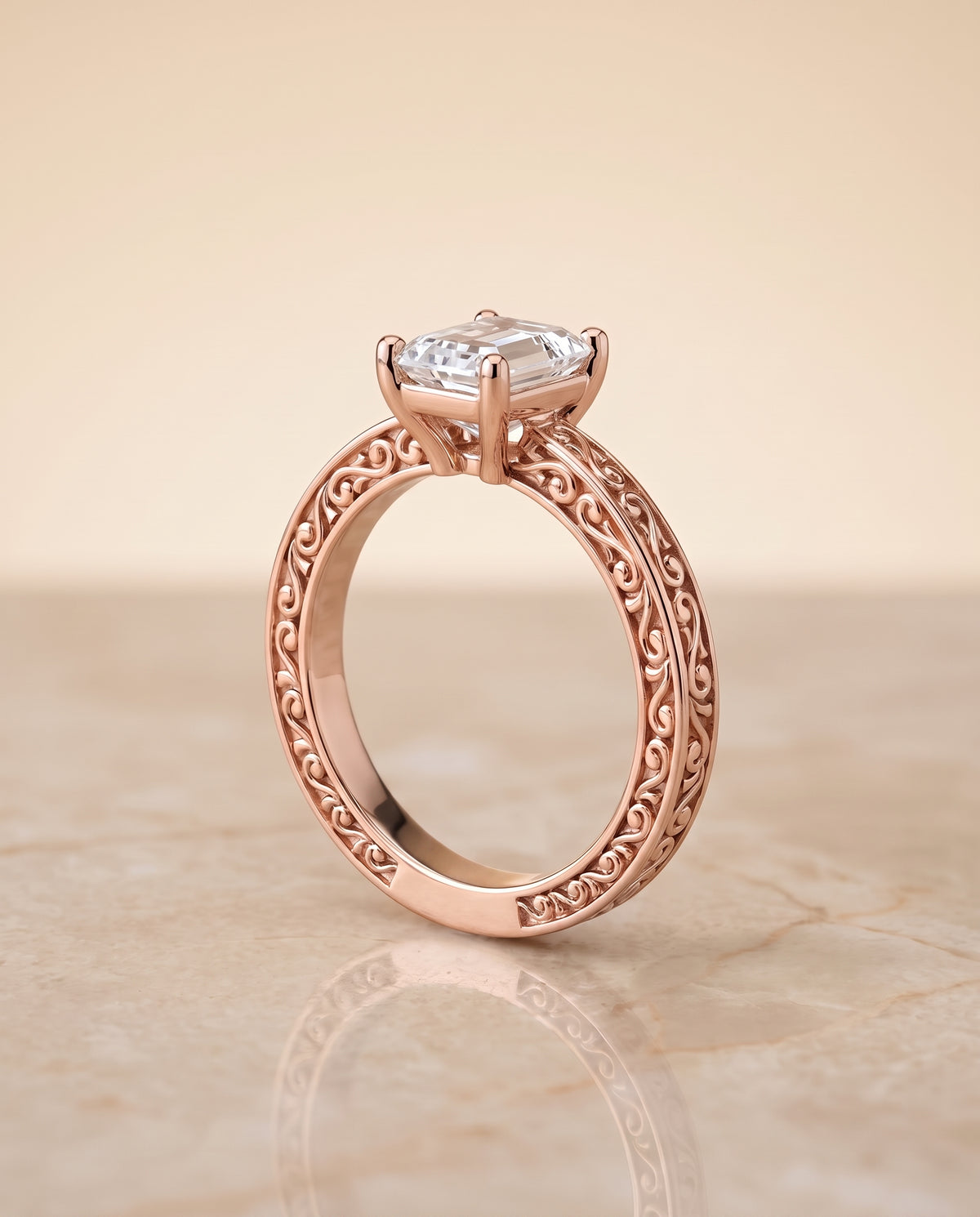The Veronica Hand Engraved Scroll Vintage Solitaire Emerald Cut Engagement Ring Setting in 14K Rose Gold