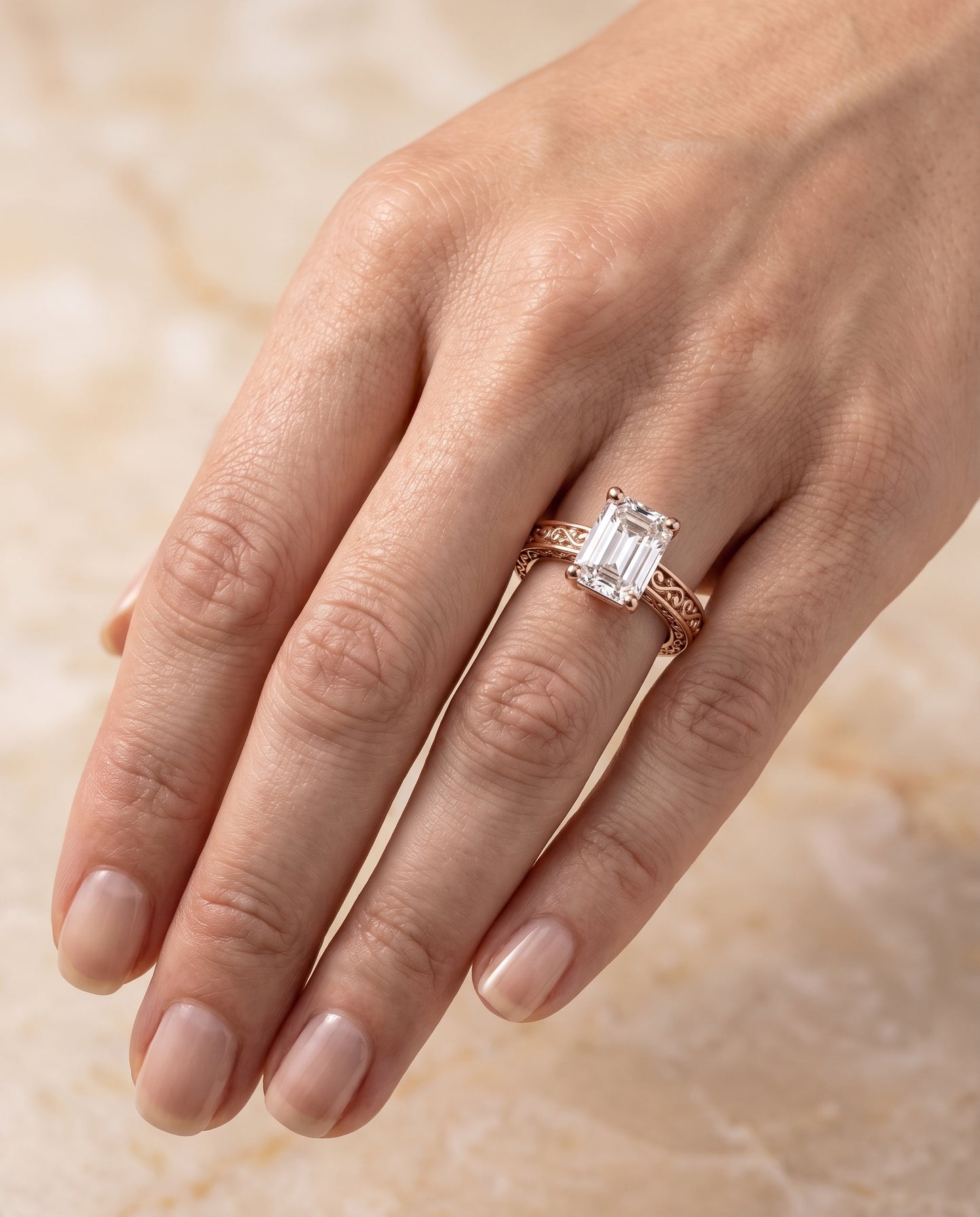 The Veronica Hand Engraved Scroll Vintage Solitaire Emerald Cut Engagement Ring Setting in 14K Rose Gold
