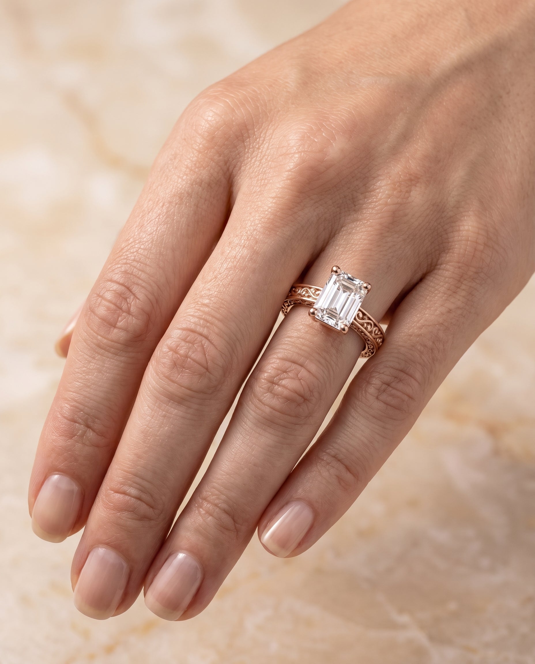 The Veronica Hand Engraved Scroll Vintage Solitaire Emerald Cut Engagement Ring Setting in 14K Rose Gold
