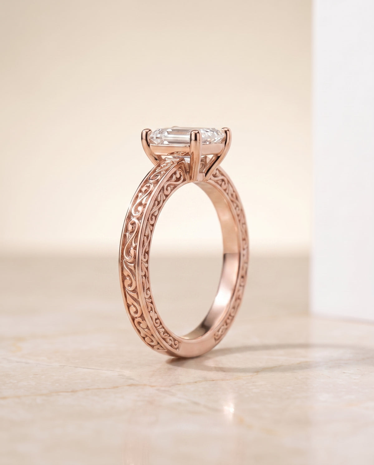 The Veronica Hand Engraved Scroll Vintage Solitaire Emerald Cut Engagement Ring Setting in 14K Rose Gold