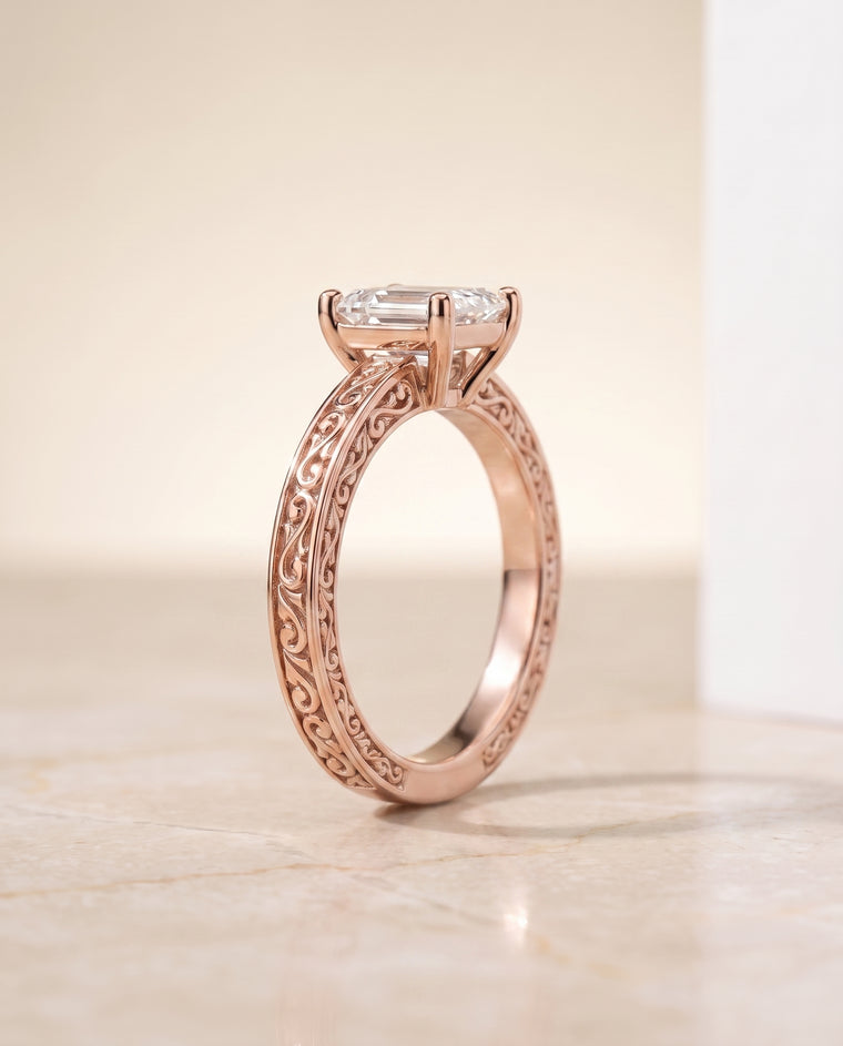 The Veronica Hand Engraved Scroll Vintage Solitaire Emerald Cut Engagement Ring Setting in 14K Rose Gold