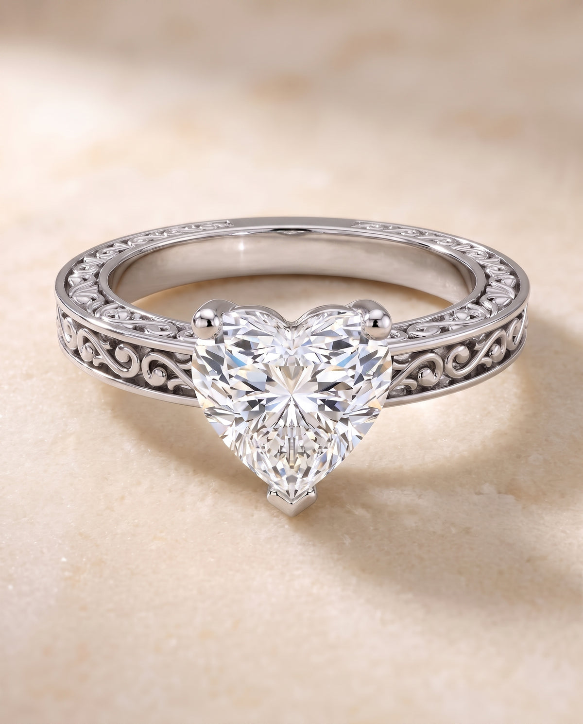 The Veronica Hand Engraved Scroll Vintage Solitaire Heart Engagement Ring Setting in 18K White Gold