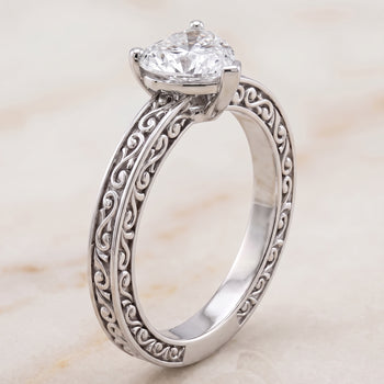 The Veronica Hand Engraved Scroll Vintage Solitaire Heart Engagement Ring Setting in 18K White Gold