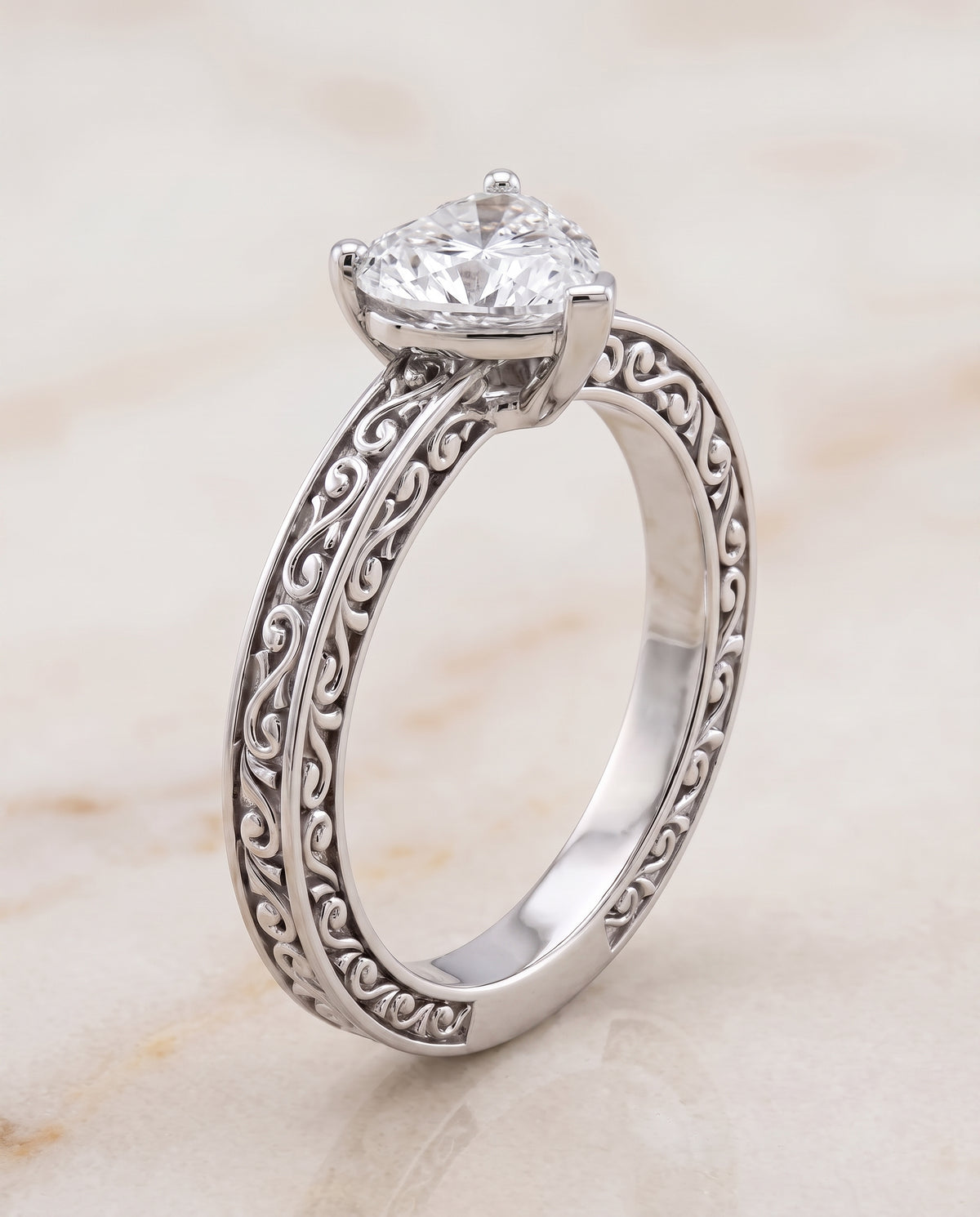 The Veronica Hand Engraved Scroll Vintage Solitaire Heart Engagement Ring Setting in 18K White Gold