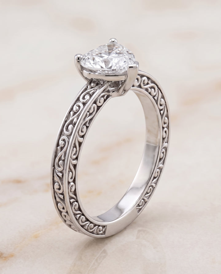 The Veronica Hand Engraved Scroll Vintage Solitaire Heart Engagement Ring Setting in 18K White Gold