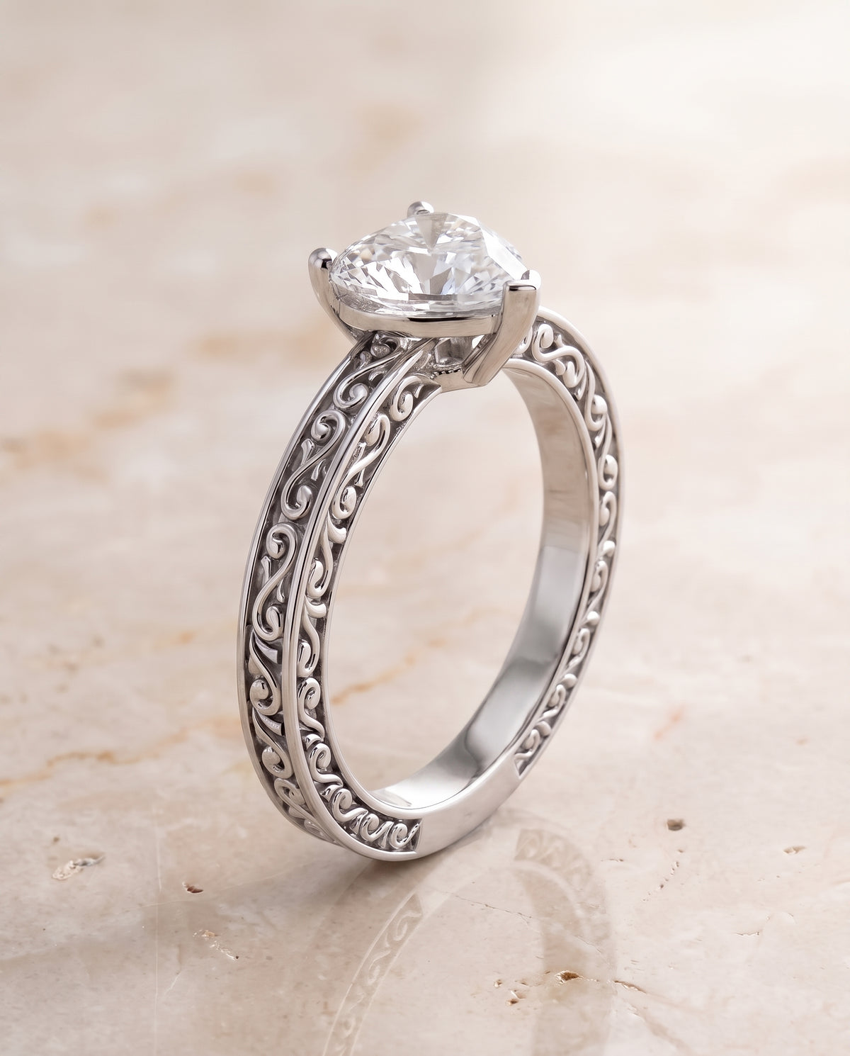 The Veronica Hand Engraved Scroll Vintage Solitaire Heart Engagement Ring Setting in 18K White Gold