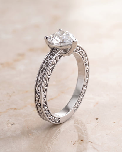 The Veronica Hand Engraved Scroll Vintage Solitaire Heart Engagement Ring Setting in 18K White Gold