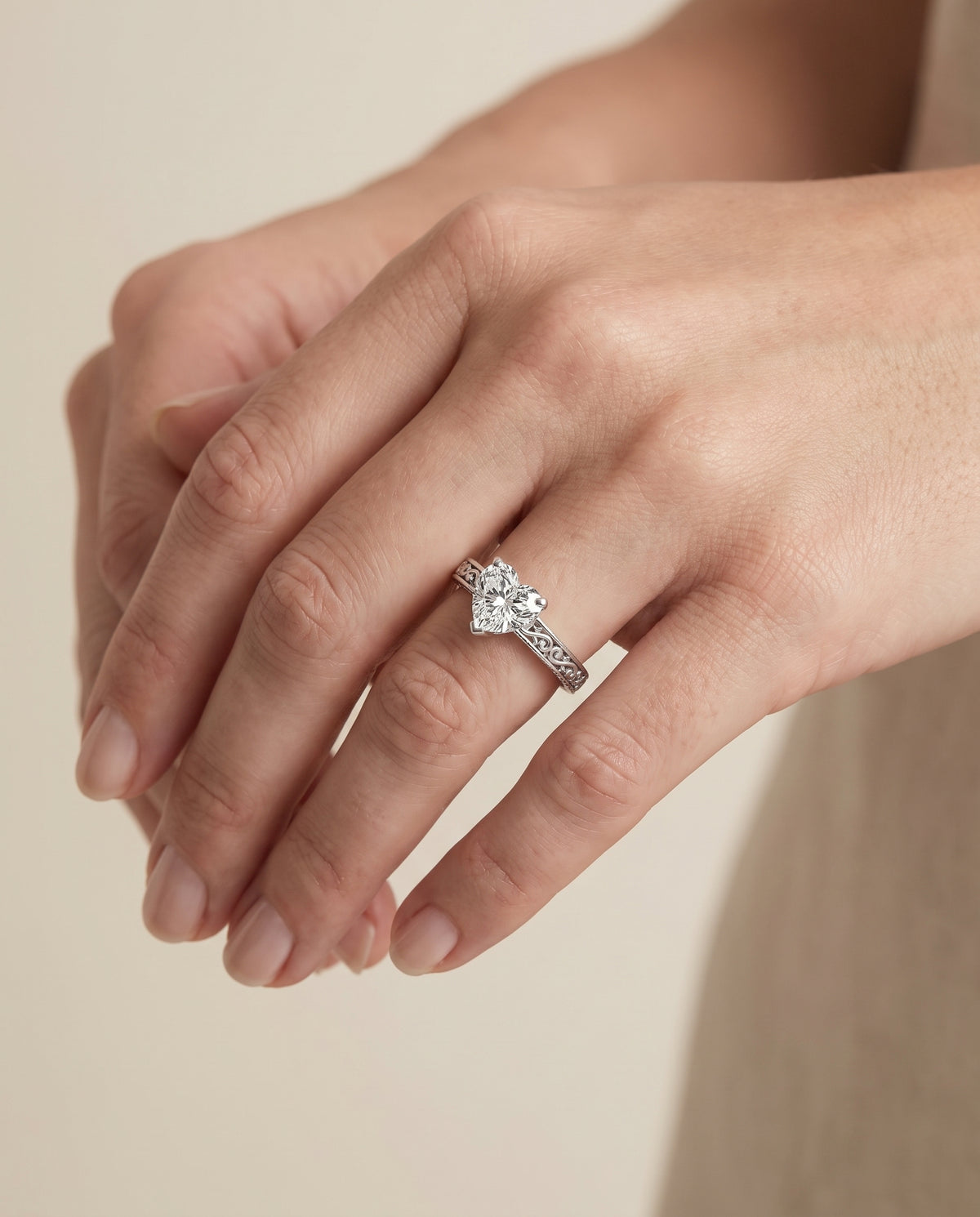 The Veronica Hand Engraved Scroll Vintage Solitaire Heart Engagement Ring Setting in 18K White Gold
