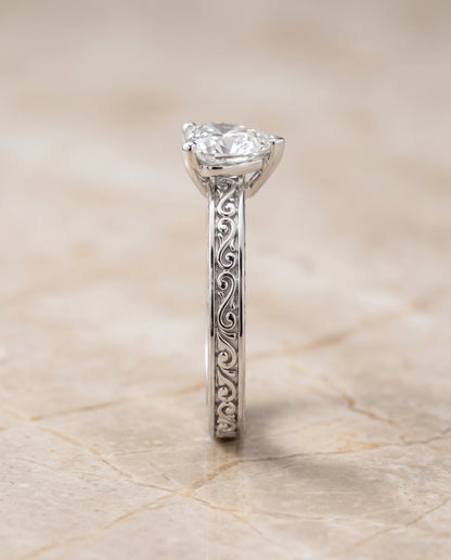 The Veronica Hand Engraved Scroll Vintage Solitaire Heart Engagement Ring Setting in 18K White Gold