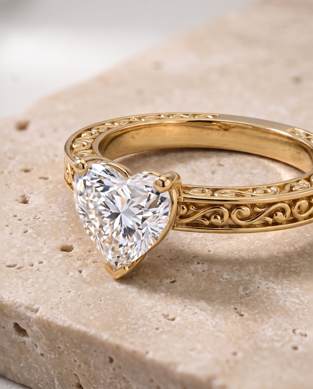 The Veronica Hand Engraved Scroll Vintage Solitaire Heart Engagement Ring Setting in 18K Yellow Gold