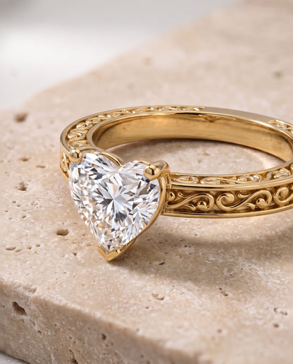 The Veronica Hand Engraved Scroll Vintage Solitaire Heart Engagement Ring Setting in 18K Yellow Gold