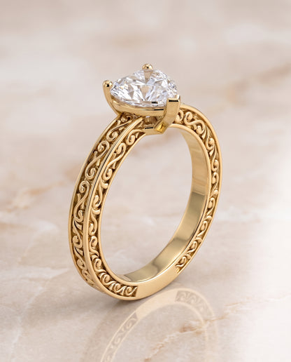 The Veronica Hand Engraved Scroll Vintage Solitaire Heart Engagement Ring Setting in 18K Yellow Gold