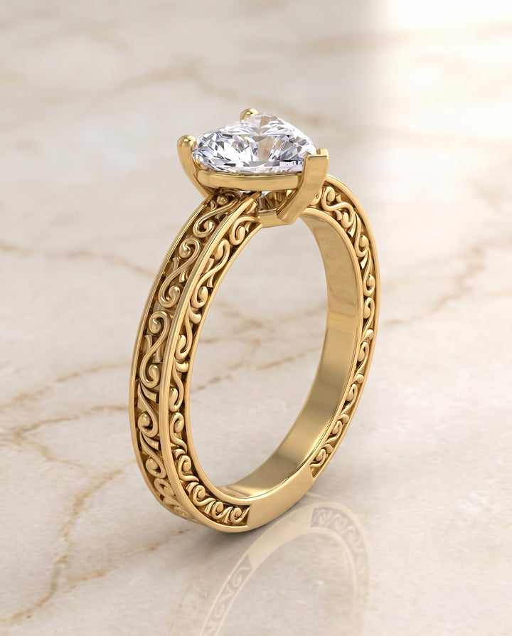 The Veronica Hand Engraved Scroll Vintage Solitaire Heart Engagement Ring Setting in 18K Yellow Gold